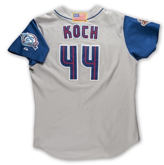 2001 Billy Koch Toronto Blue Jays Game Worn Road Jersey with Scarce 9/11 American Flag Patch